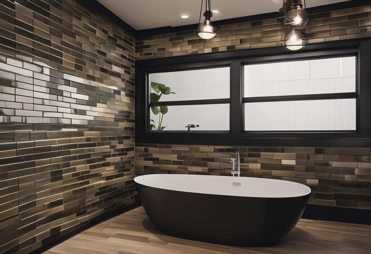 Subway tiles and shiplap paneling blend in a modern rustic bathroom