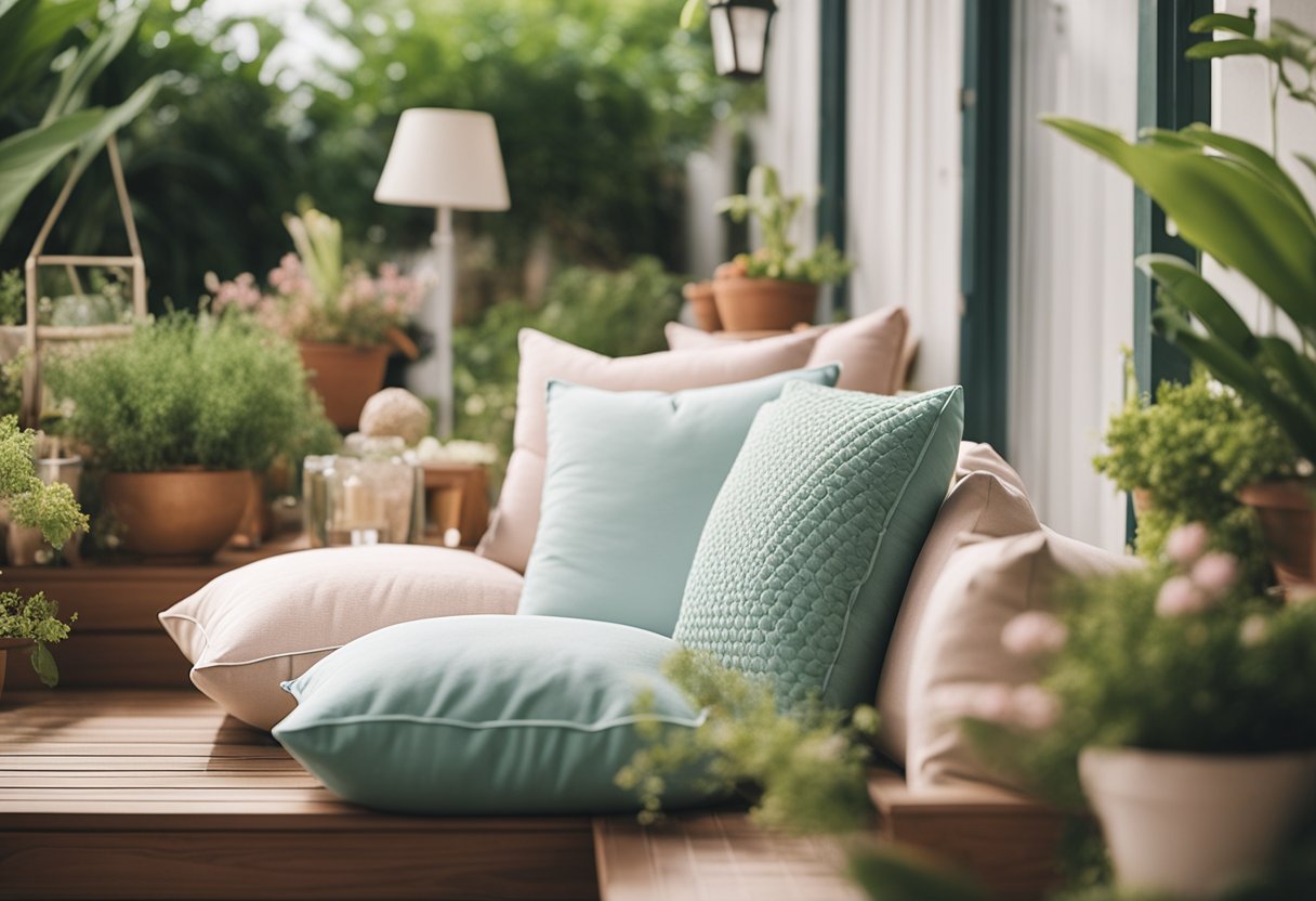 Pastel cushions arranged on cozy seating, surrounded by potted plants and soft lighting on a spring porch