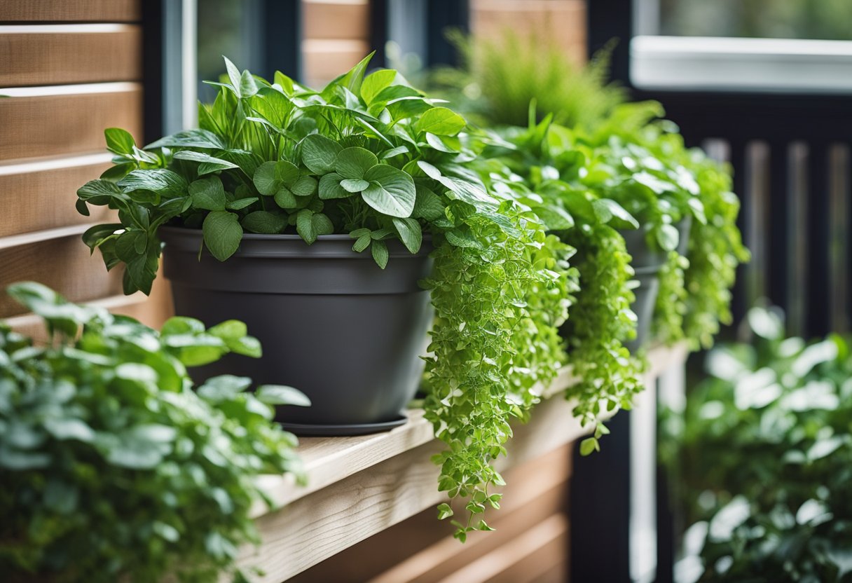 Trailing greenery-filled planters hang from a porch railing, creating a lush and private outdoor space