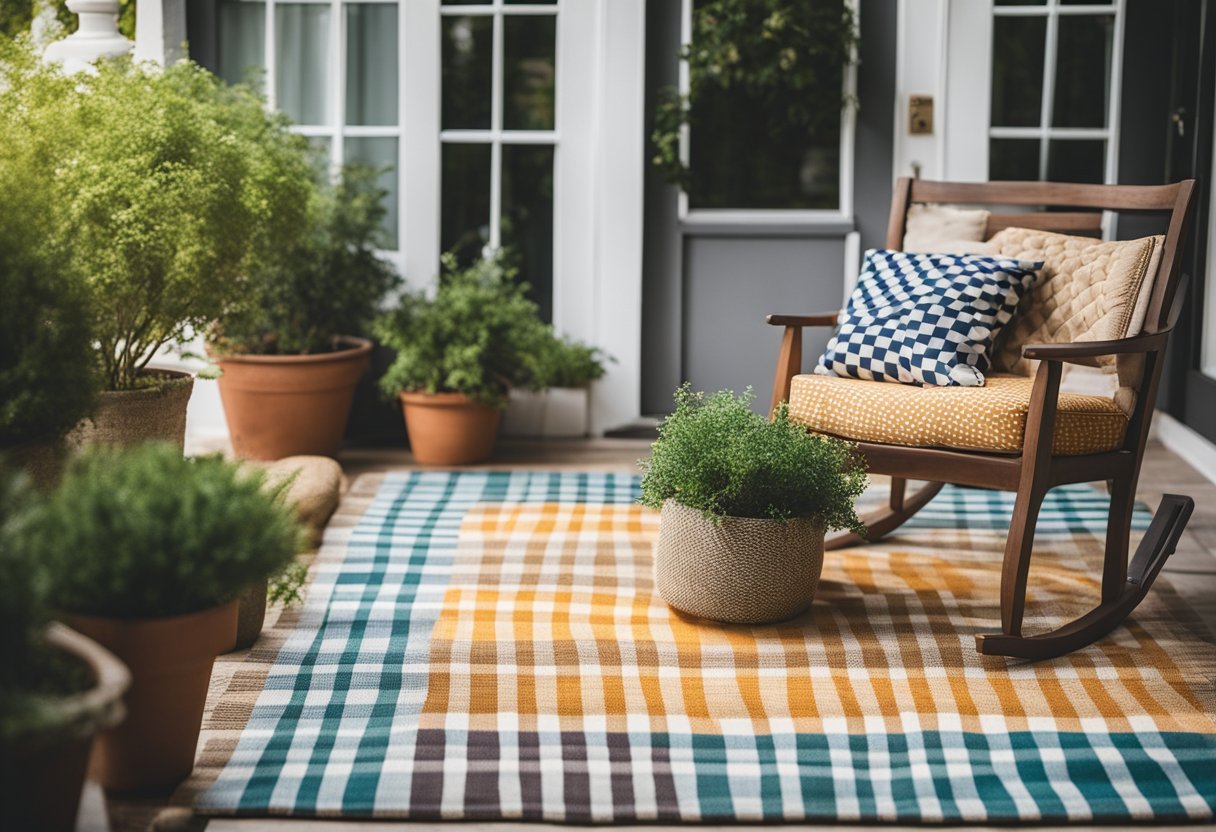 A checkered outdoor rug lies beneath a welcoming porch adorned with potted plants and colorful throw pillows