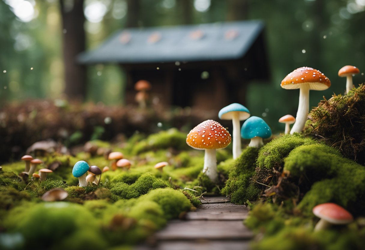 Moss-covered porch with colorful mushrooms scattered around for a whimsical touch