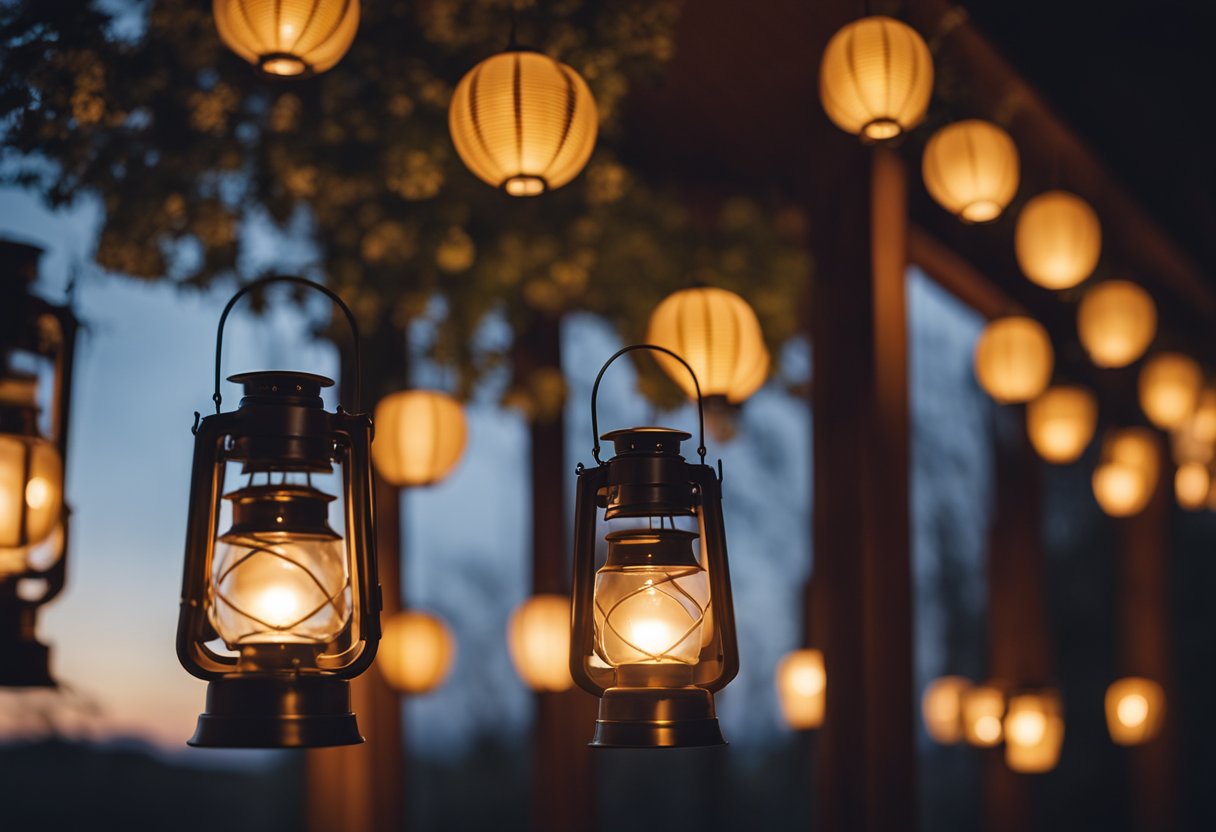 Softly lit lanterns hang from the porch ceiling, casting a warm glow over the spring evening scene