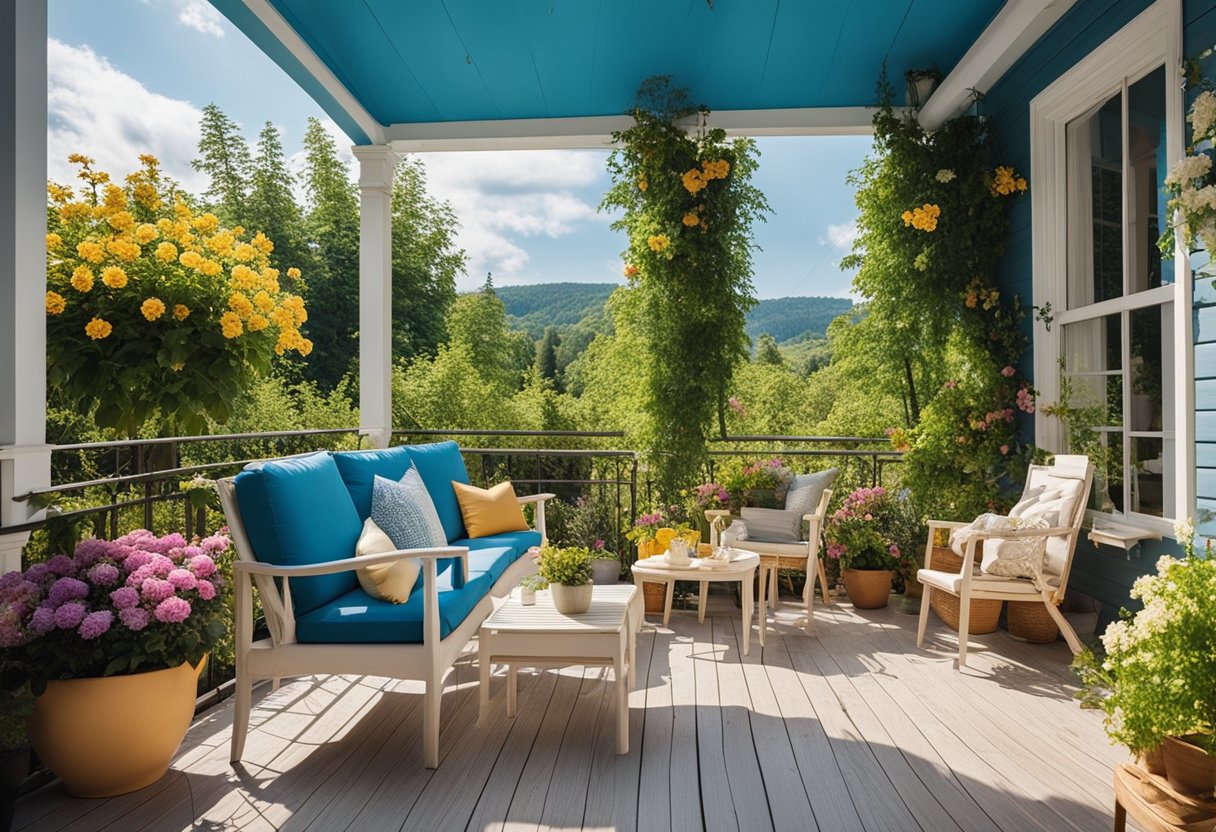 A porch with colorful furniture, surrounded by blooming flowers and greenery, under a bright blue sky