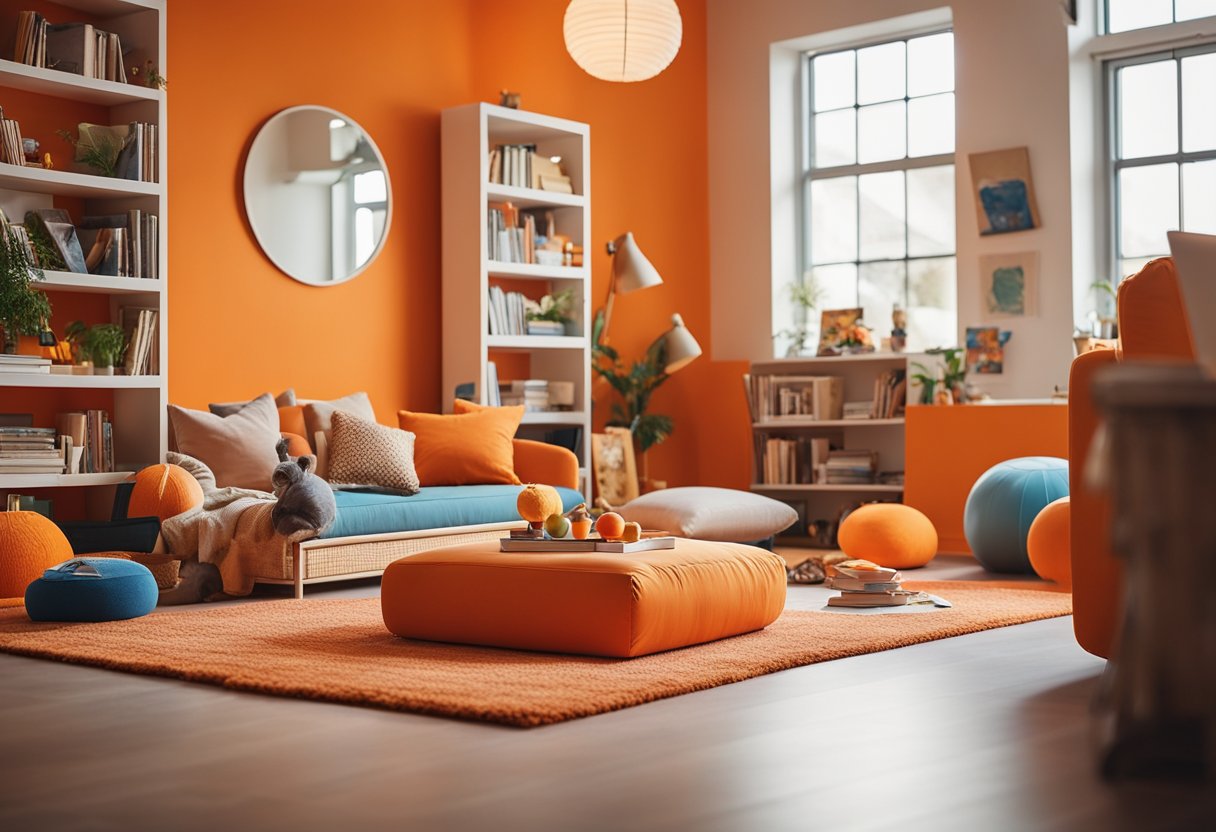 A vibrant orange accent wall with colorful toys and books scattered on the floor, a cozy reading nook with orange cushions, and a playful orange rug