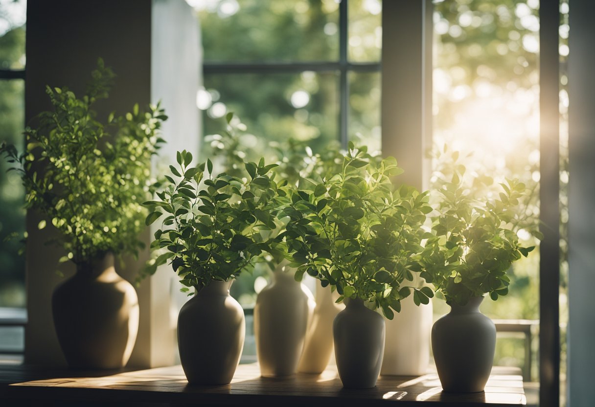 Fresh branches and greenery arranged in vases on a porch, with sunlight streaming in