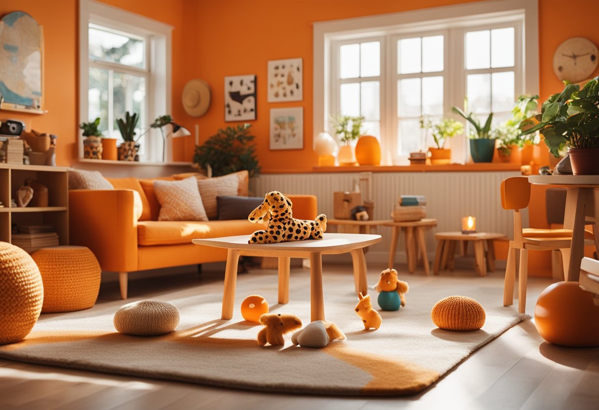 A bright orange room with playful decor, toys, and furniture. Sunshine streams in through the window, casting a warm glow on the cheerful space