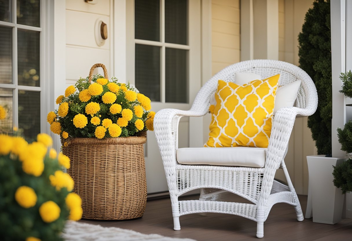 A cozy porch with a white wicker furniture set adorned with yellow throw pillows and a bright yellow floral wreath on the door
