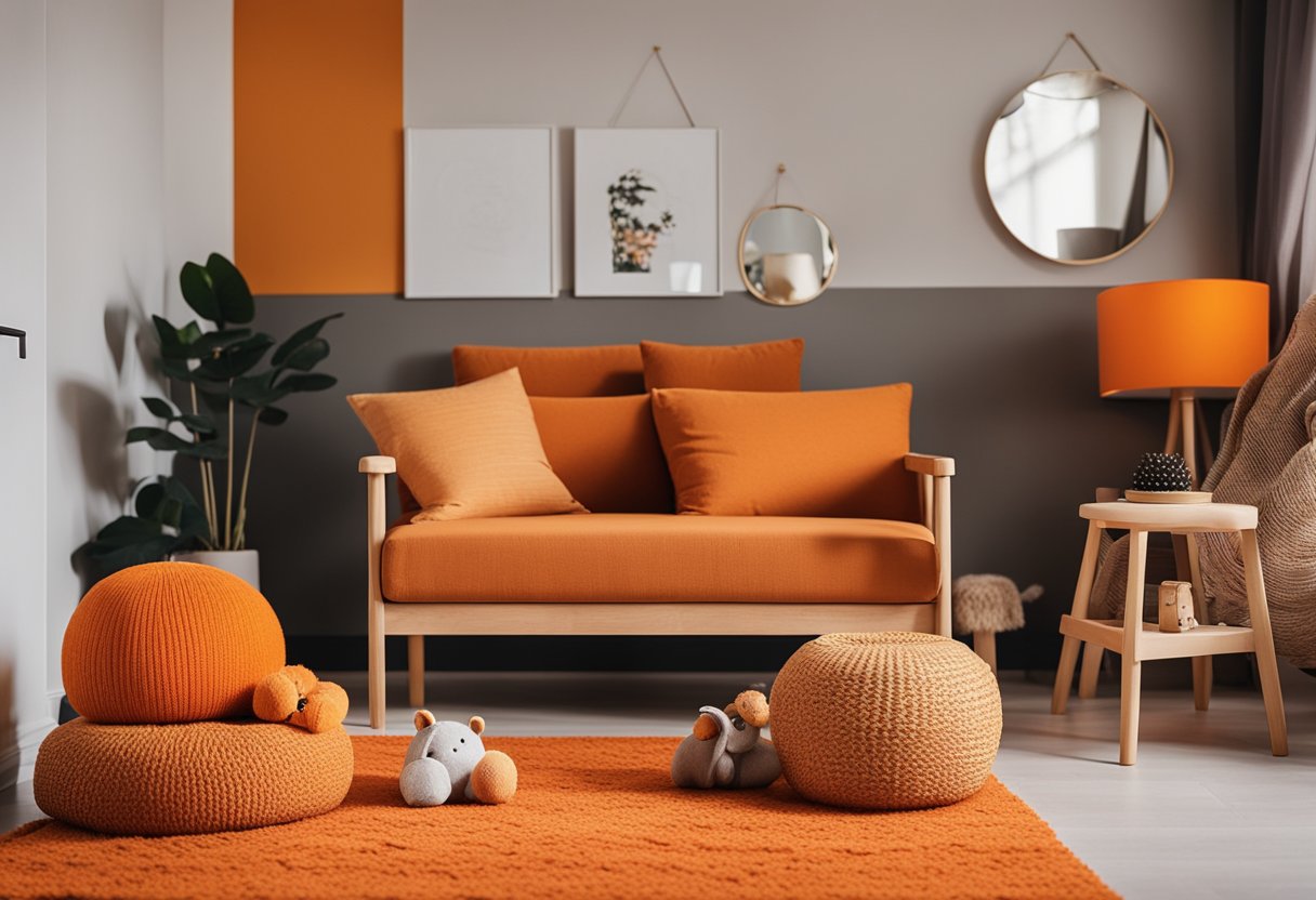 A cozy kid's room with orange accents: a vibrant orange rug, playful orange throw pillows, and a bright orange toy chest