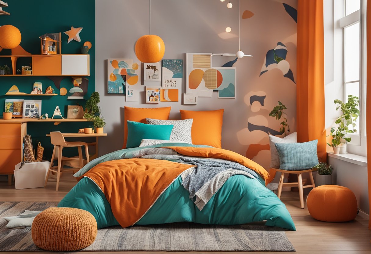 A vibrant kid's room with orange accents: a cozy bed with orange bedding, a playful rug, and colorful wall art in a mix of bright hues