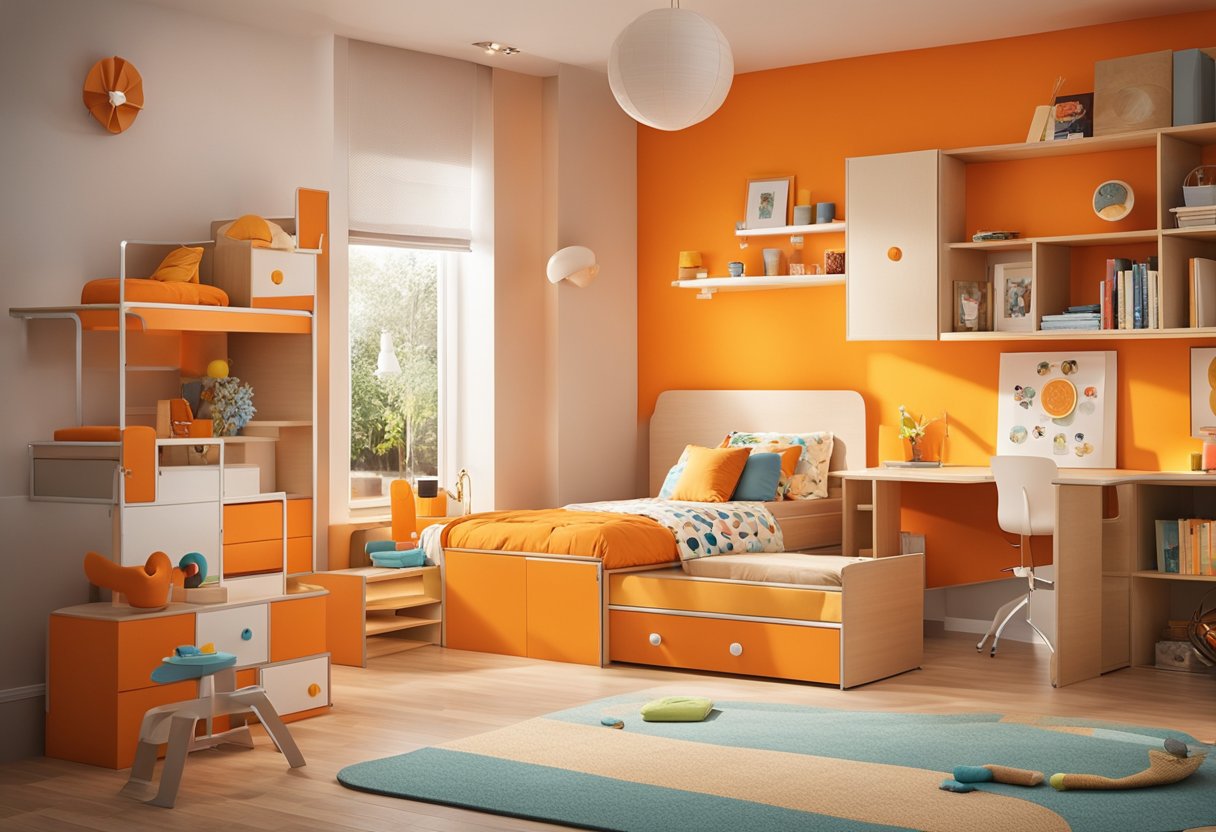 A vibrant orange room with playful decor and furniture suited for different age groups, from toddlers to teens, creating a fun and inviting space