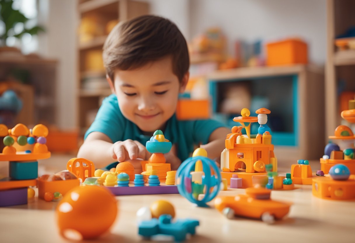 A bright orange room with educational toys, books, and colorful decor. A child happily plays and learns in the vibrant space