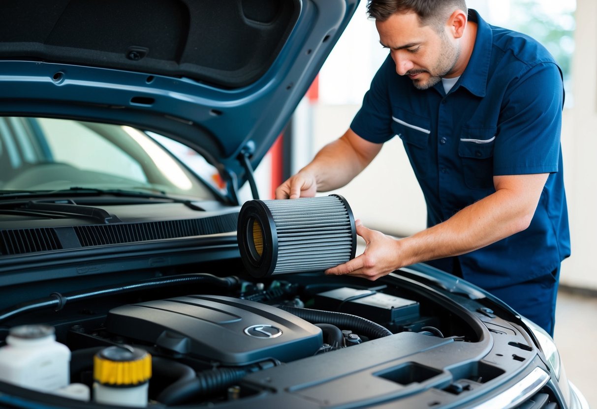 A mechanic replacing a dirty air filter with a new one inside the engine compartment of a car