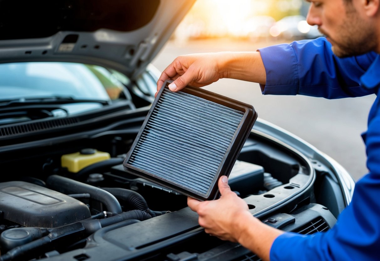 A mechanic replacing a dirty air filter in a car engine compartment. The old filter is being removed and a new one is ready to be installed