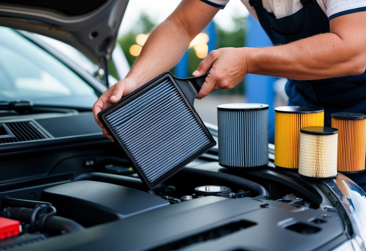 A car air filter being replaced under the hood of a car, with various types of air filters displayed nearby for comparison