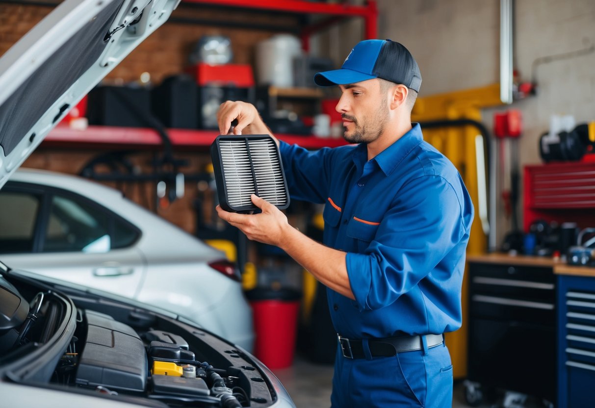 A mechanic replacing a car air filter in a cluttered garage