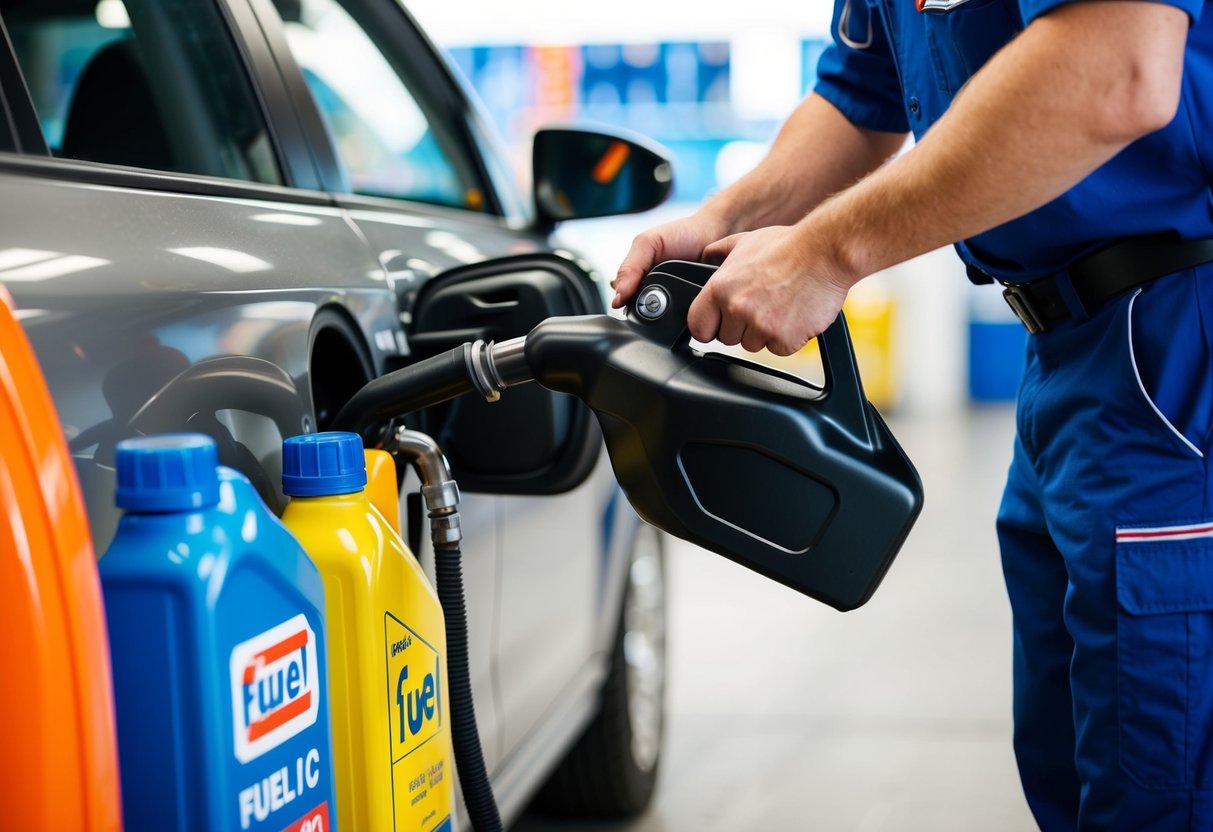A mechanic pouring high-quality fuel into a car's gas tank, with various types of fuel displayed nearby