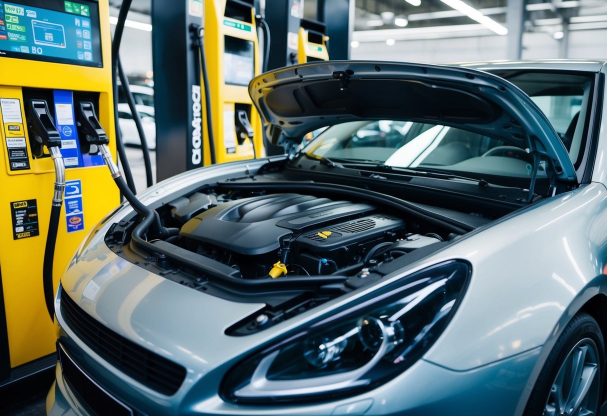A car engine running smoothly with high-quality fuel being pumped into it, surrounded by different types of fuel options