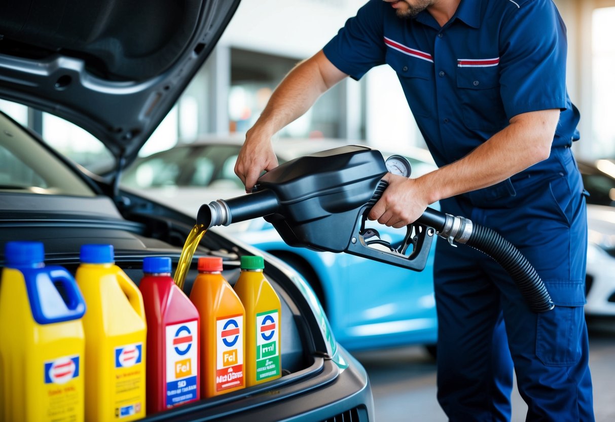 A mechanic pouring high-quality fuel into a car's engine, with various types of fuel displayed nearby