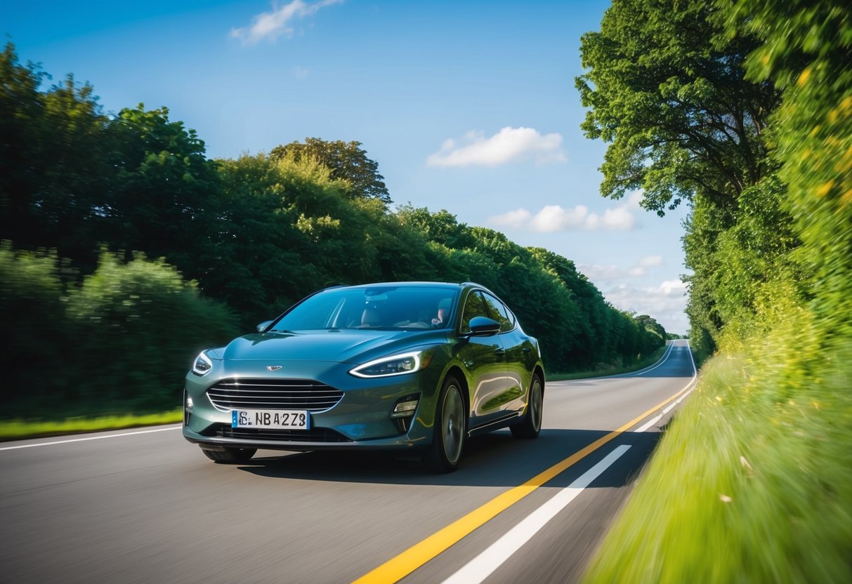 A car driving smoothly on a road, surrounded by lush greenery and clear blue skies, emitting no harmful emissions