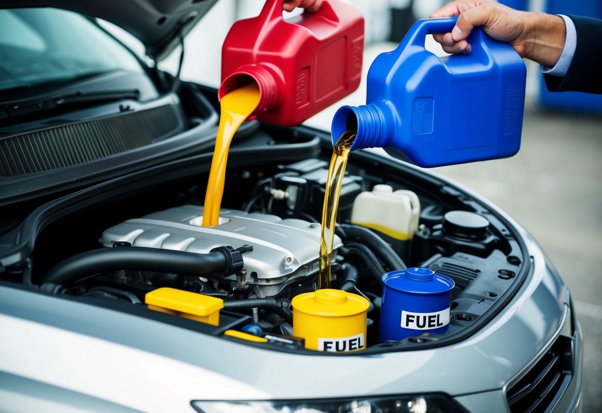 A car engine with different fuel types being poured into separate containers, each labeled with its specific type