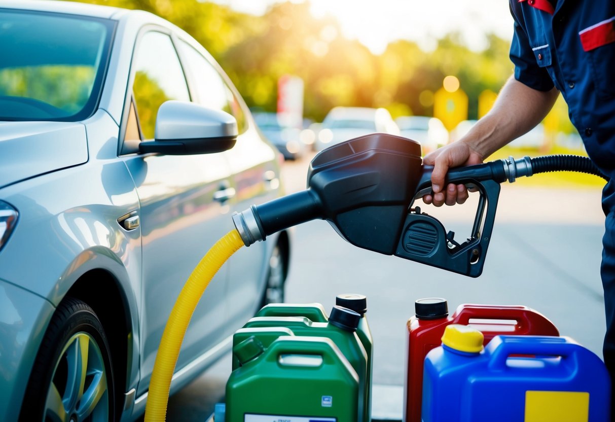 A mechanic pouring high-quality fuel into a car's gas tank, with various types of fuel displayed nearby