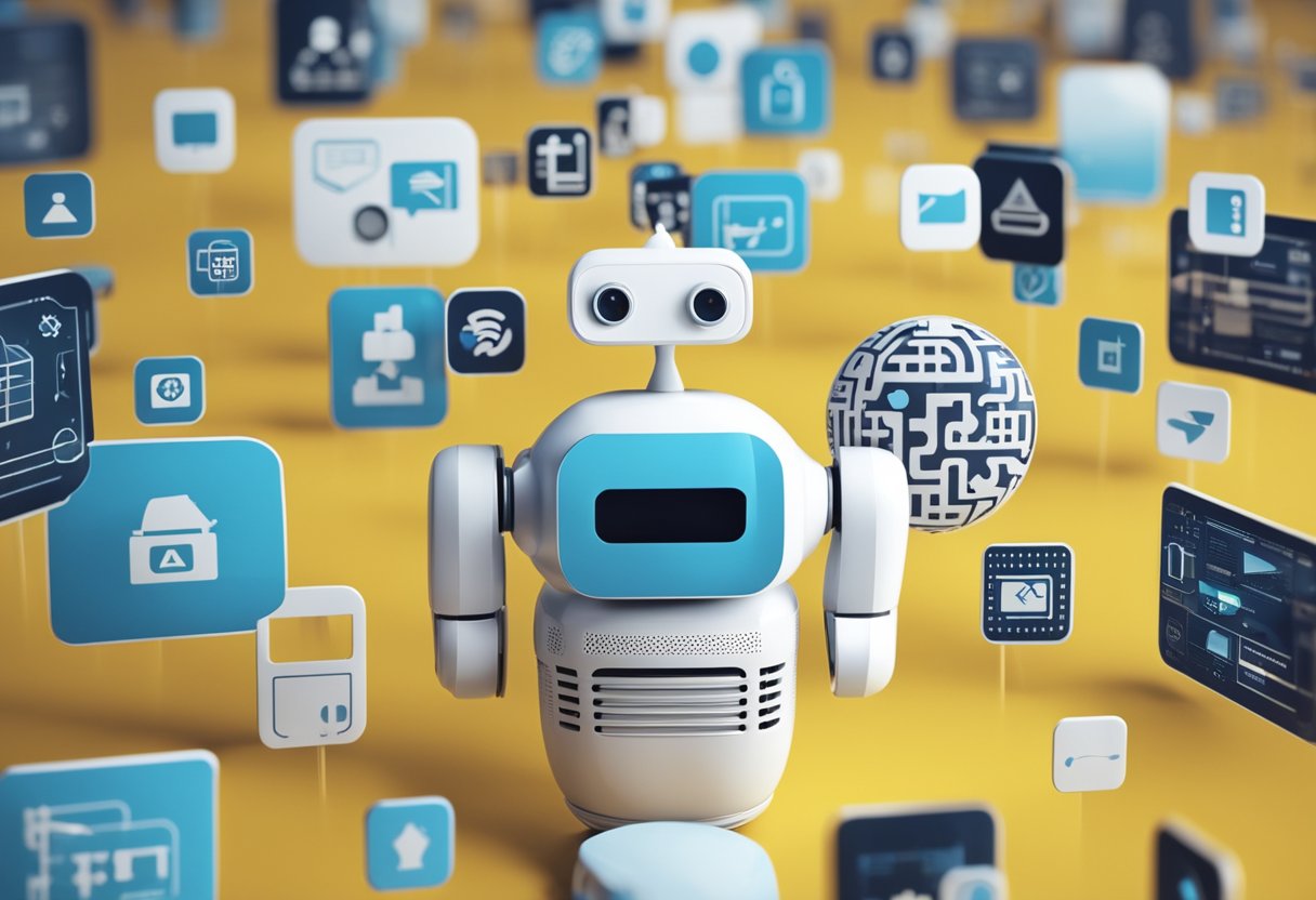 A chatbot interacts with various home service business icons, representing the use of AI solutions in the industry