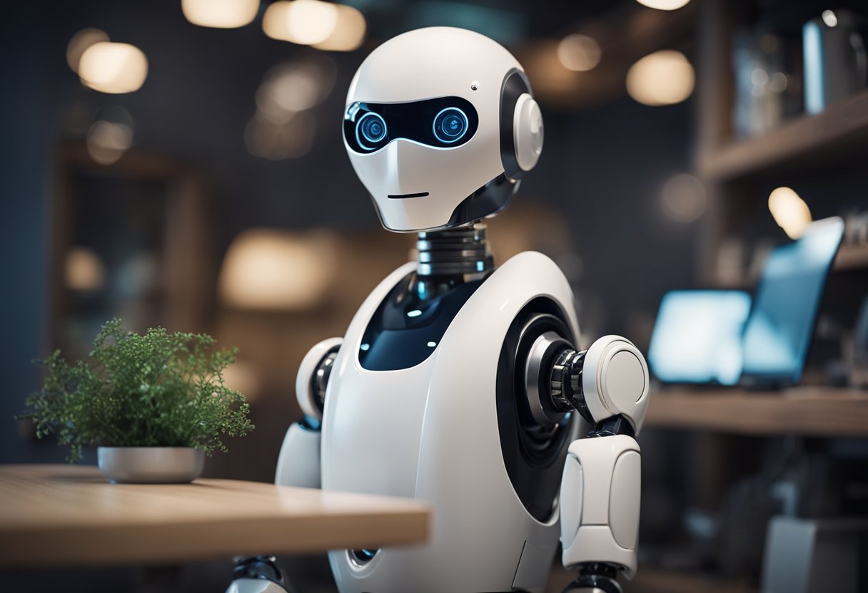 A futuristic home service robot managing data and AI models