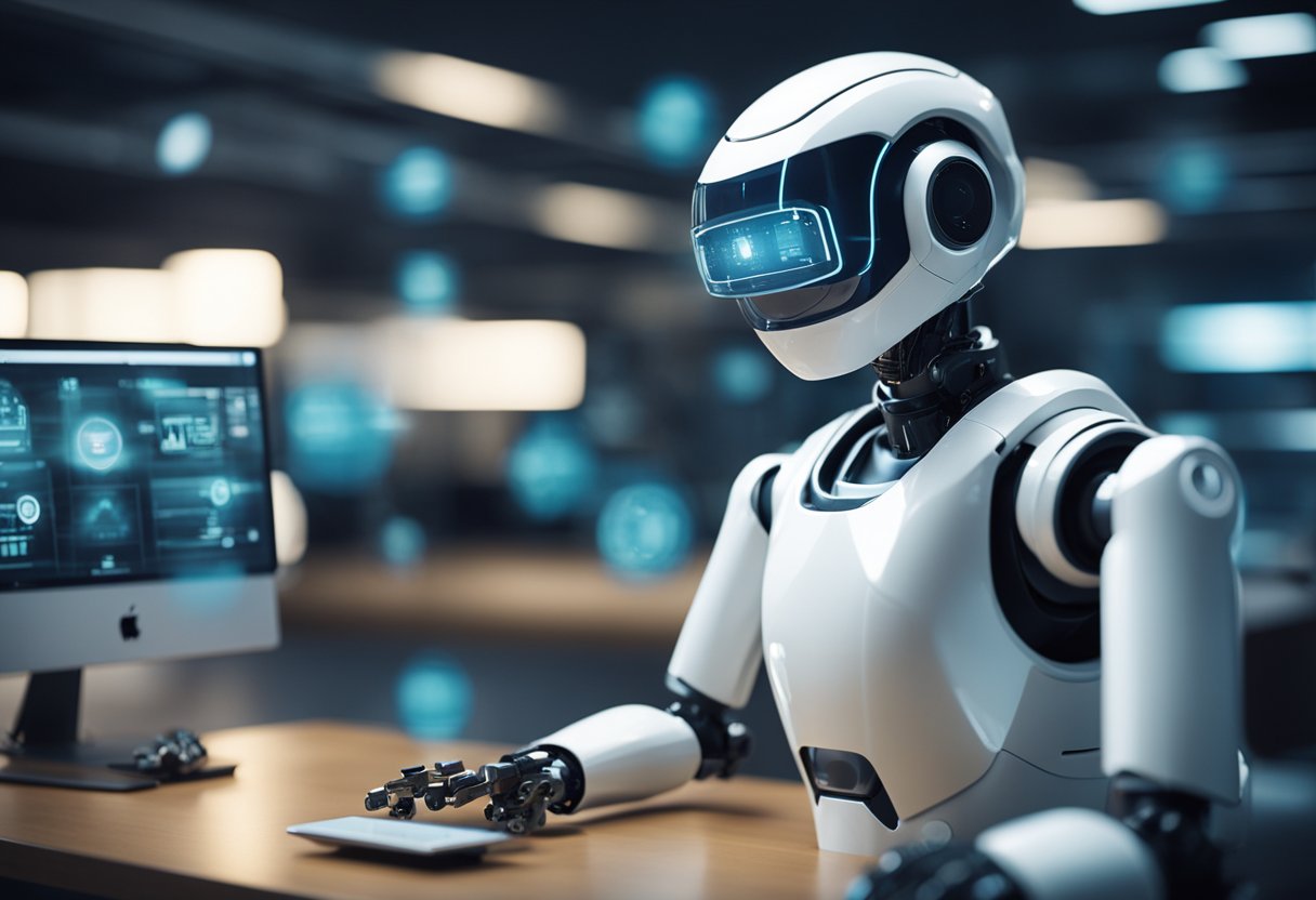 A futuristic home service robot scanning a network of interconnected devices for security and compliance