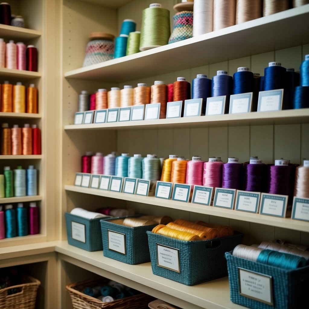 A wooden box with neatly organized compartments filled with colorful spools of needlepoint thread, surrounded by skeins of thread hanging on hooks