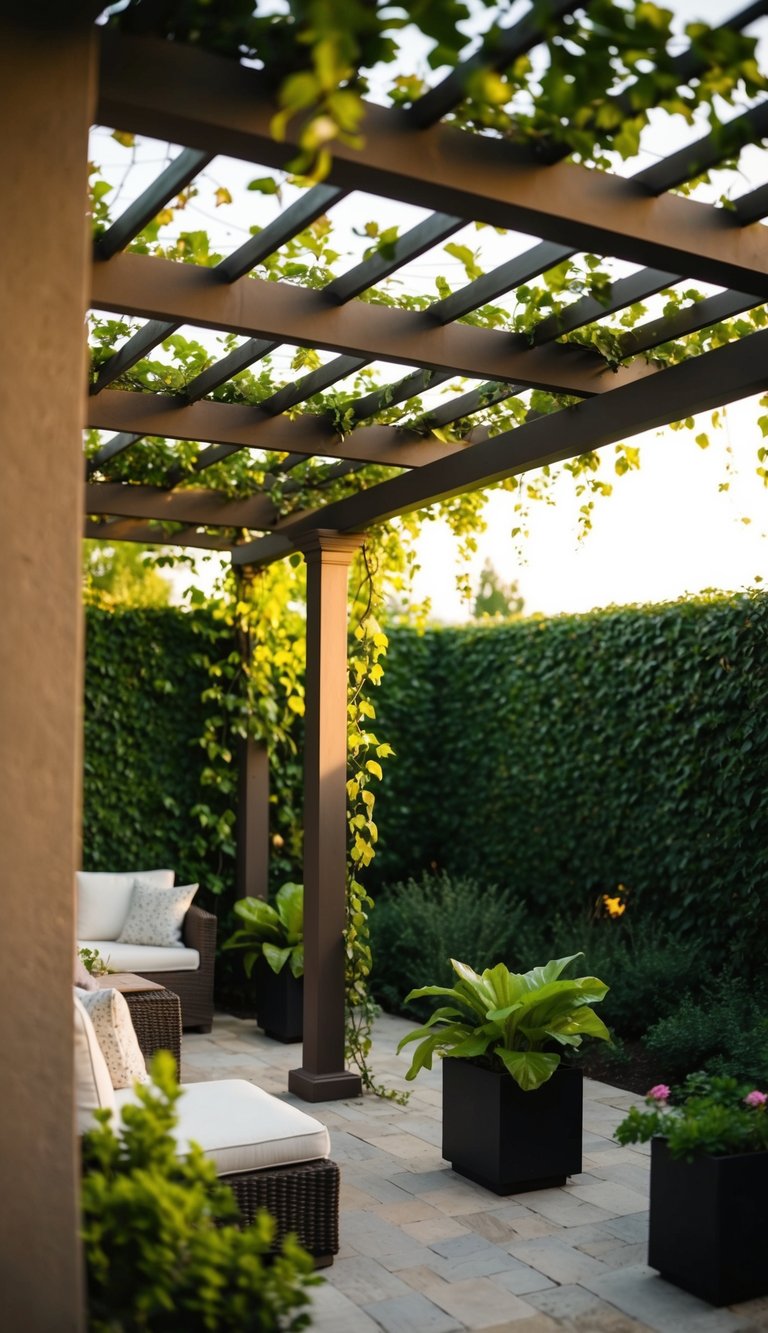 A pergola covered in climbing vines provides cozy shade in a backyard oasis