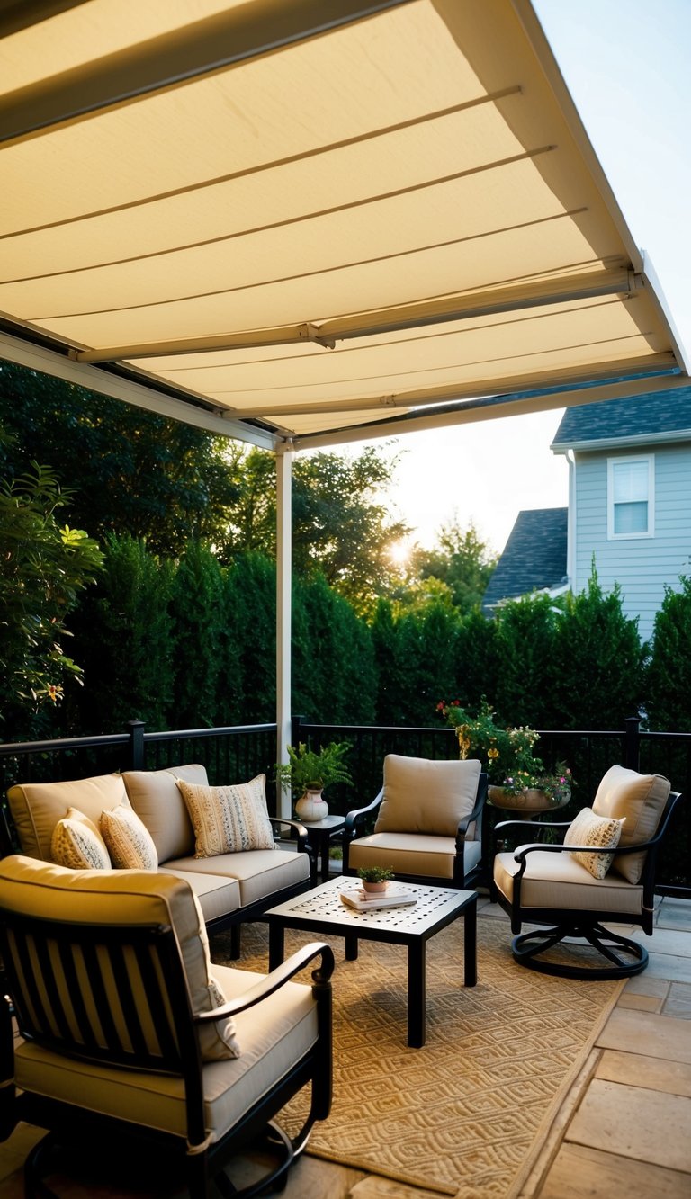A cozy backyard patio with a retractable awning providing shade over a set of comfortable outdoor furniture