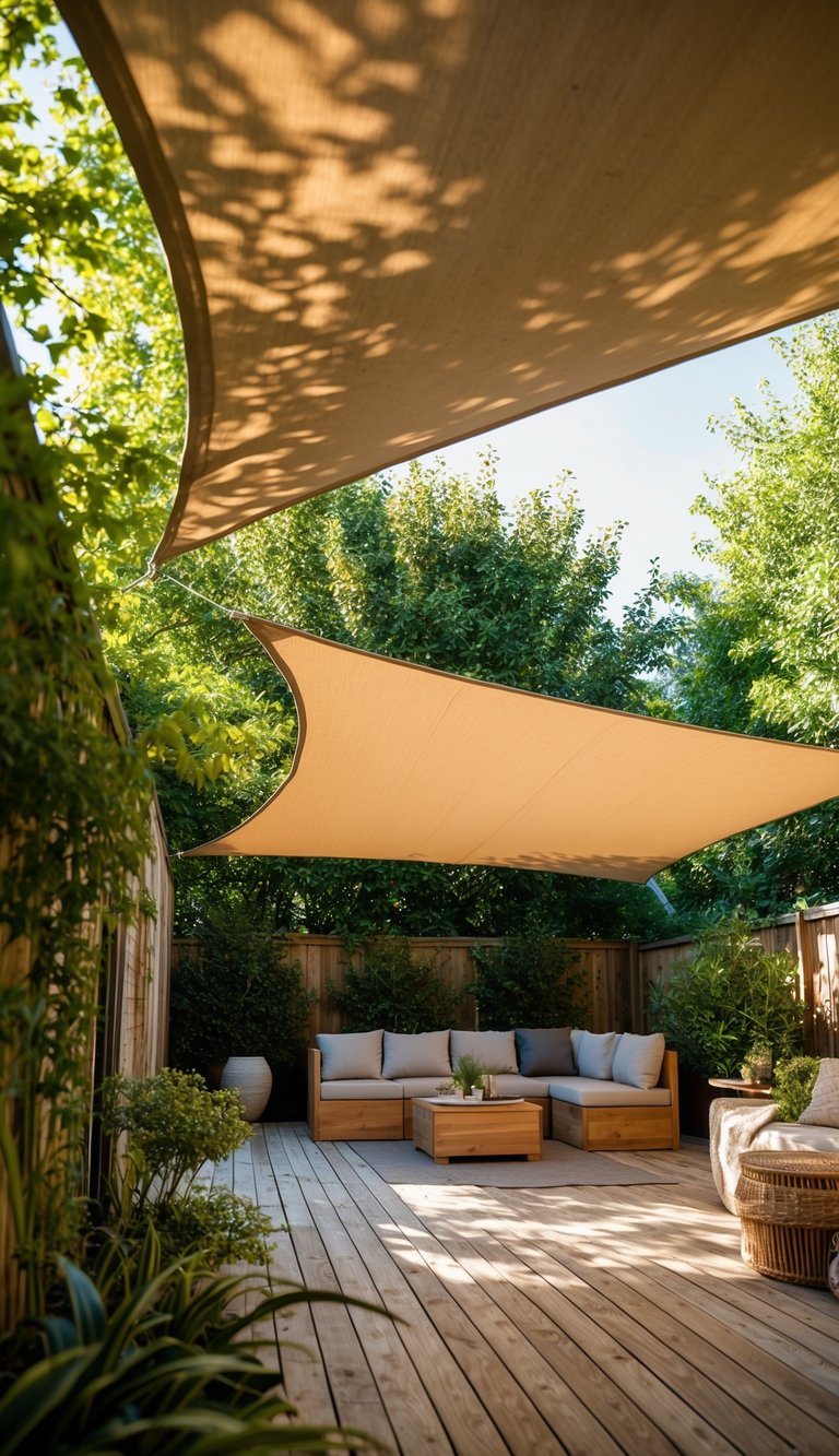A sail shade canopy stretches over a cozy backyard, casting dappled sunlight and creating a tranquil retreat