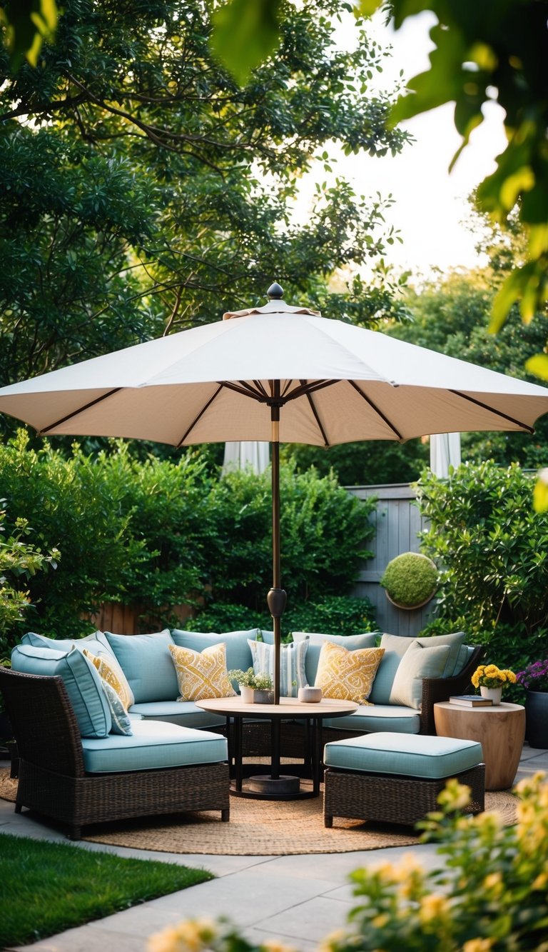 A large market umbrella provides shade in a cozy backyard, surrounded by lush greenery and comfortable seating