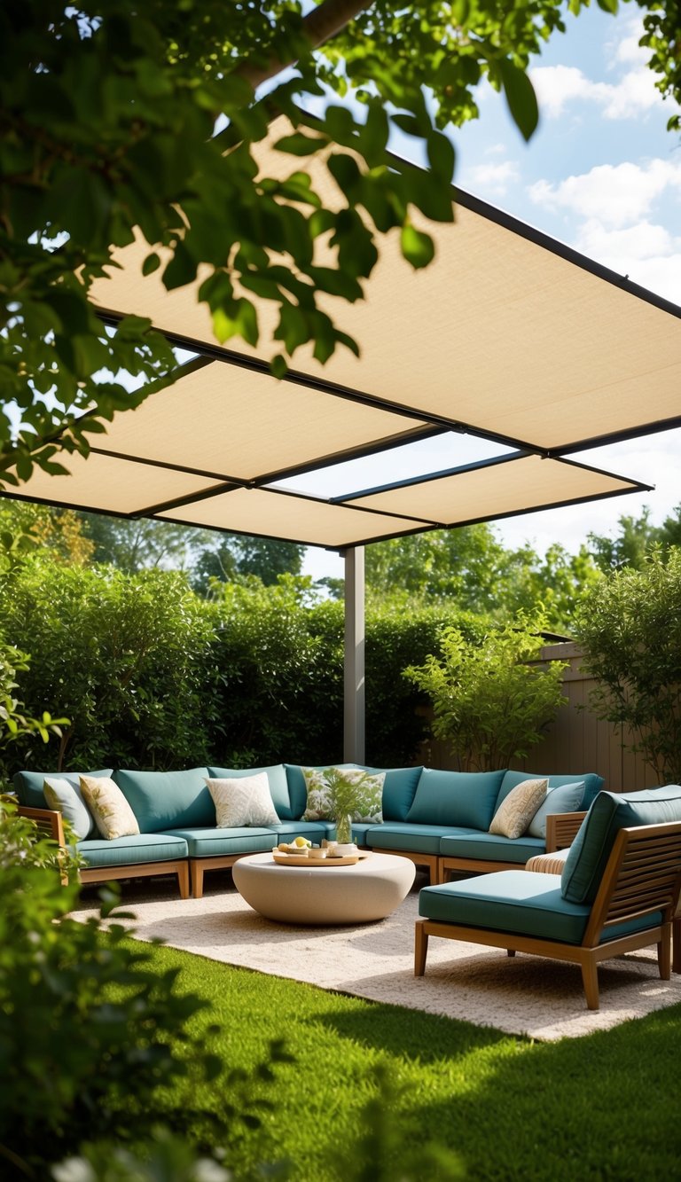 A cozy backyard with 18 solar roller shades casting dappled light on a peaceful scene of lush greenery and comfortable outdoor seating
