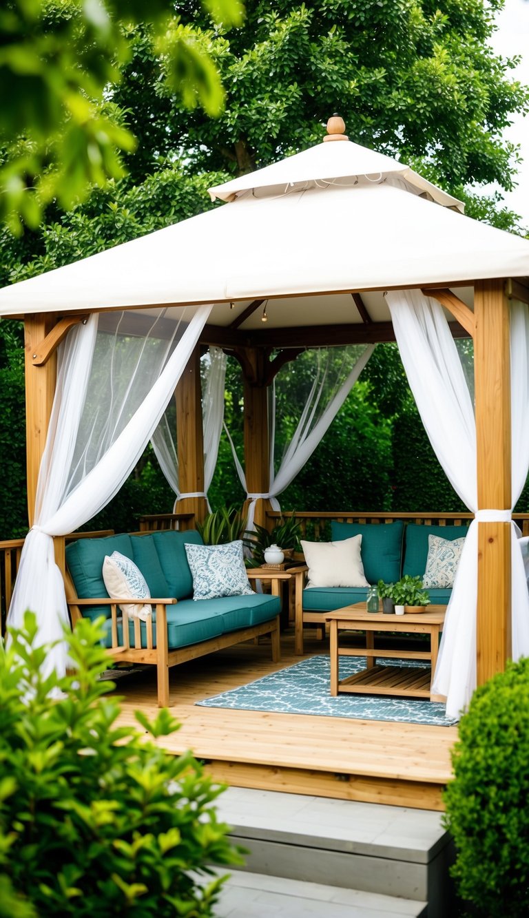 A wooden gazebo with white mosquito netting, surrounded by lush greenery and cozy backyard seating