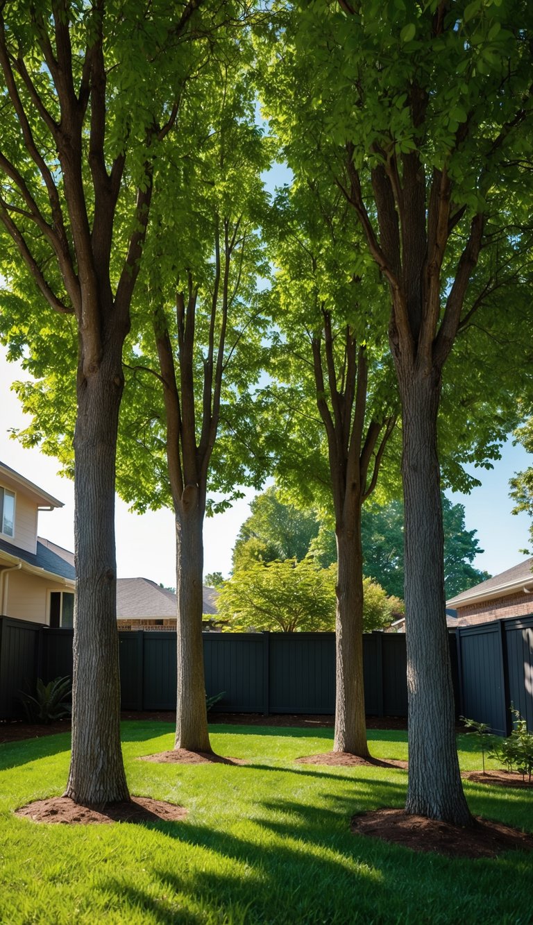 Tall shade trees stand in a cozy backyard, providing relief from the sun