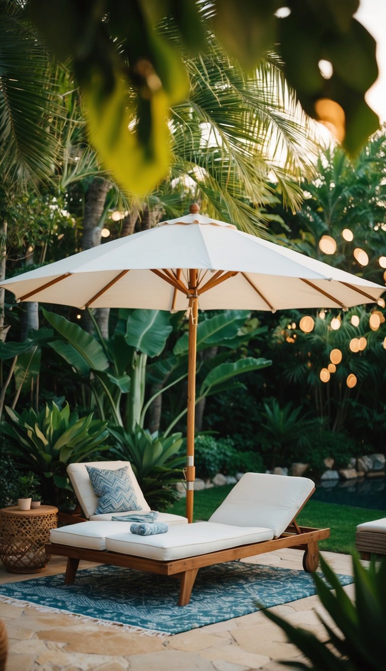 A palapa umbrella provides cozy shade in a lush backyard oasis