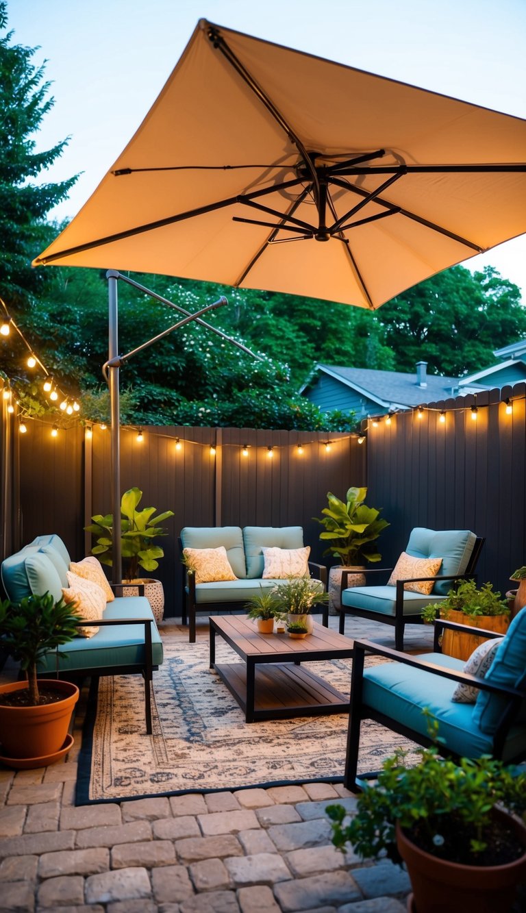 A cozy backyard with an adjustable cantilever umbrella providing shade. Surrounding the umbrella are various seating areas, potted plants, and string lights creating a warm and inviting atmosphere