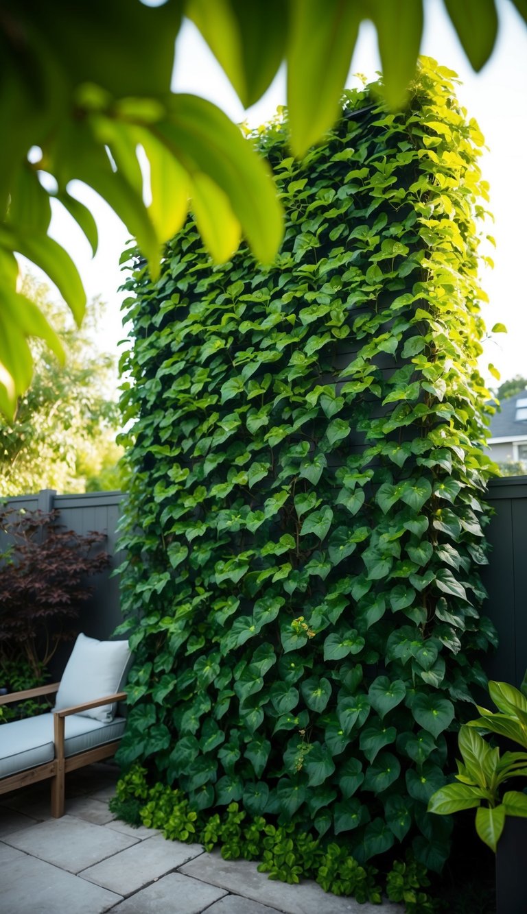 A lush green wall of climbing plants provides natural shade in a cozy backyard