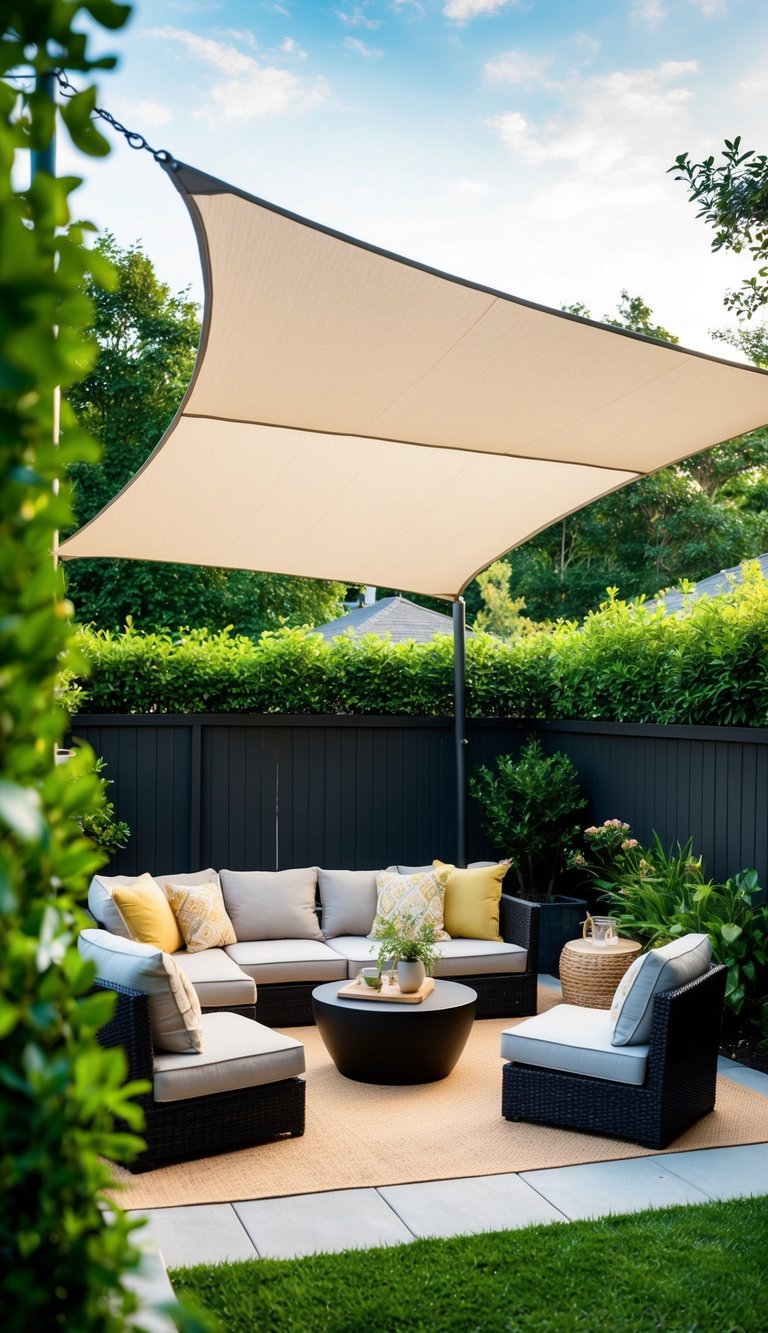 A backyard with a shade sail providing UV protection, surrounded by cozy seating and lush greenery