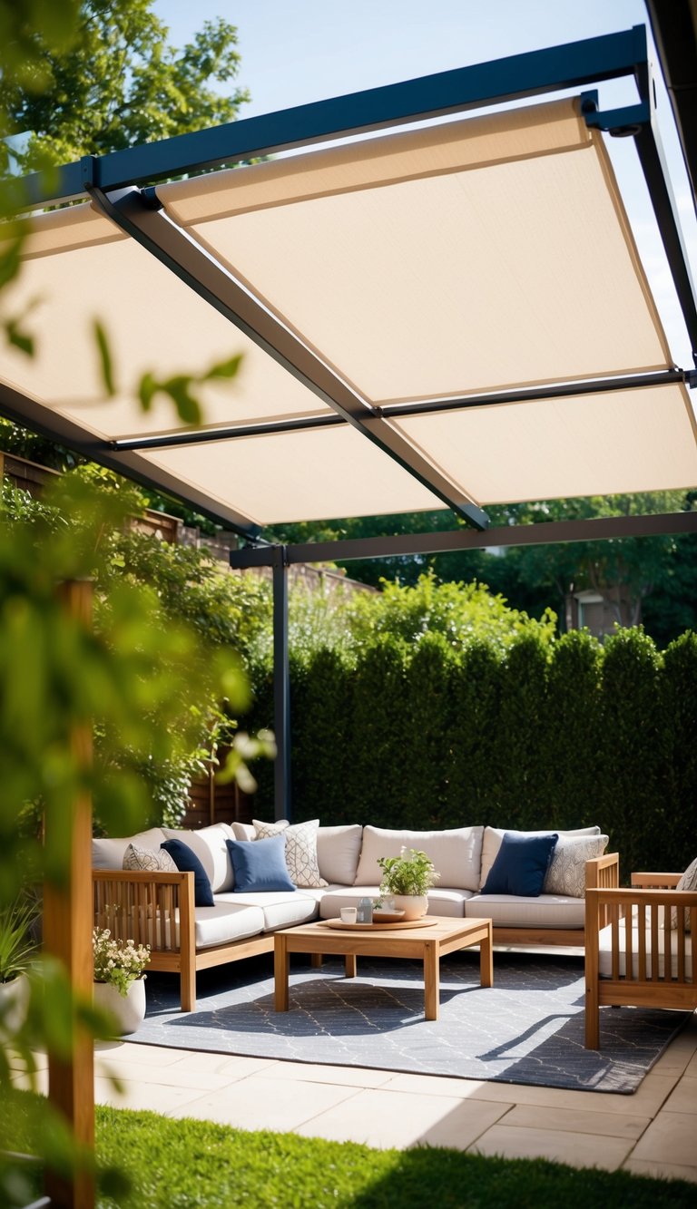 A pergola with a retractable fabric roof stands in a cozy backyard, providing shade and a welcoming outdoor space