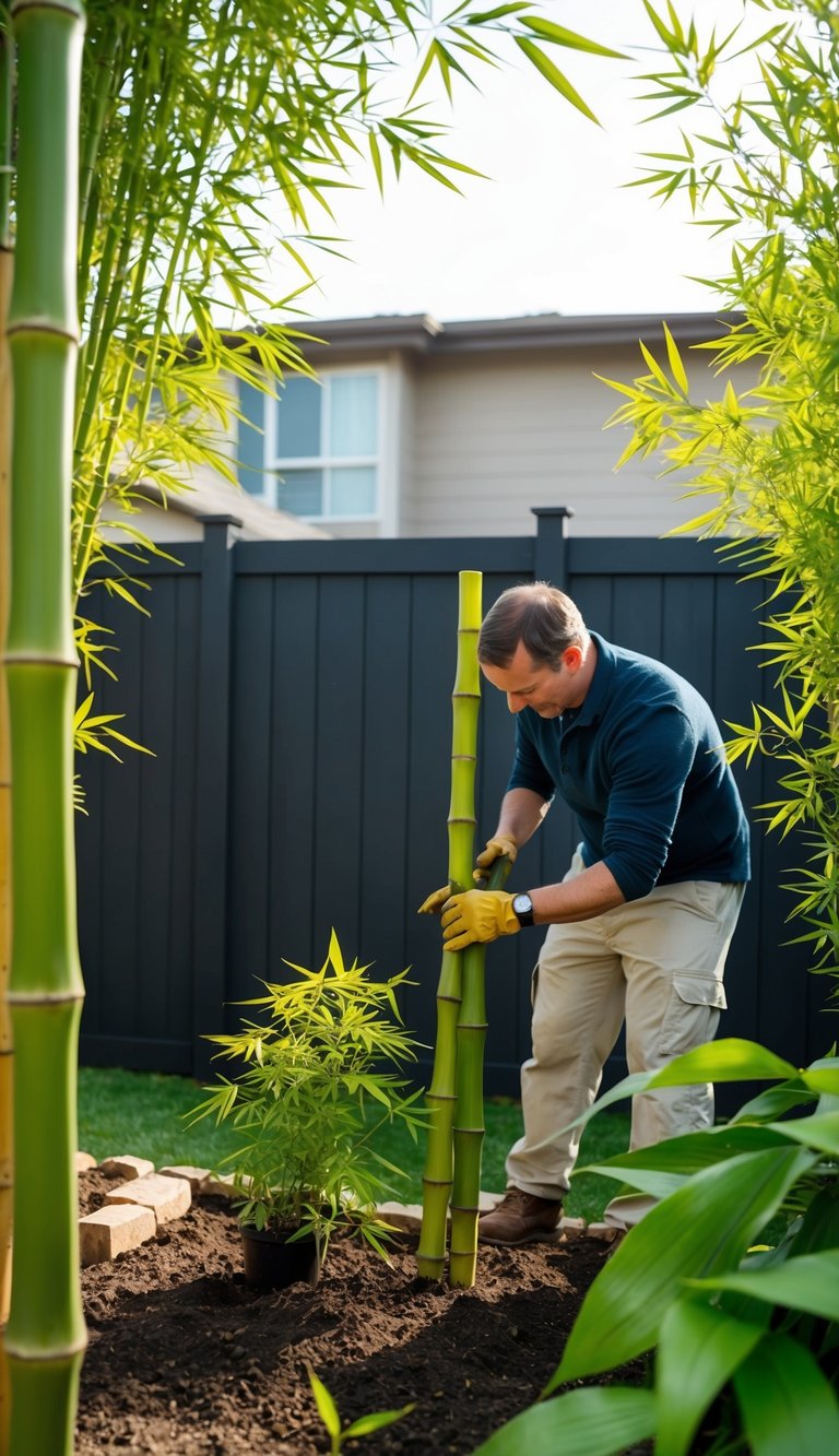 A person planting bamboo in a backyard, creating a cozy shaded area