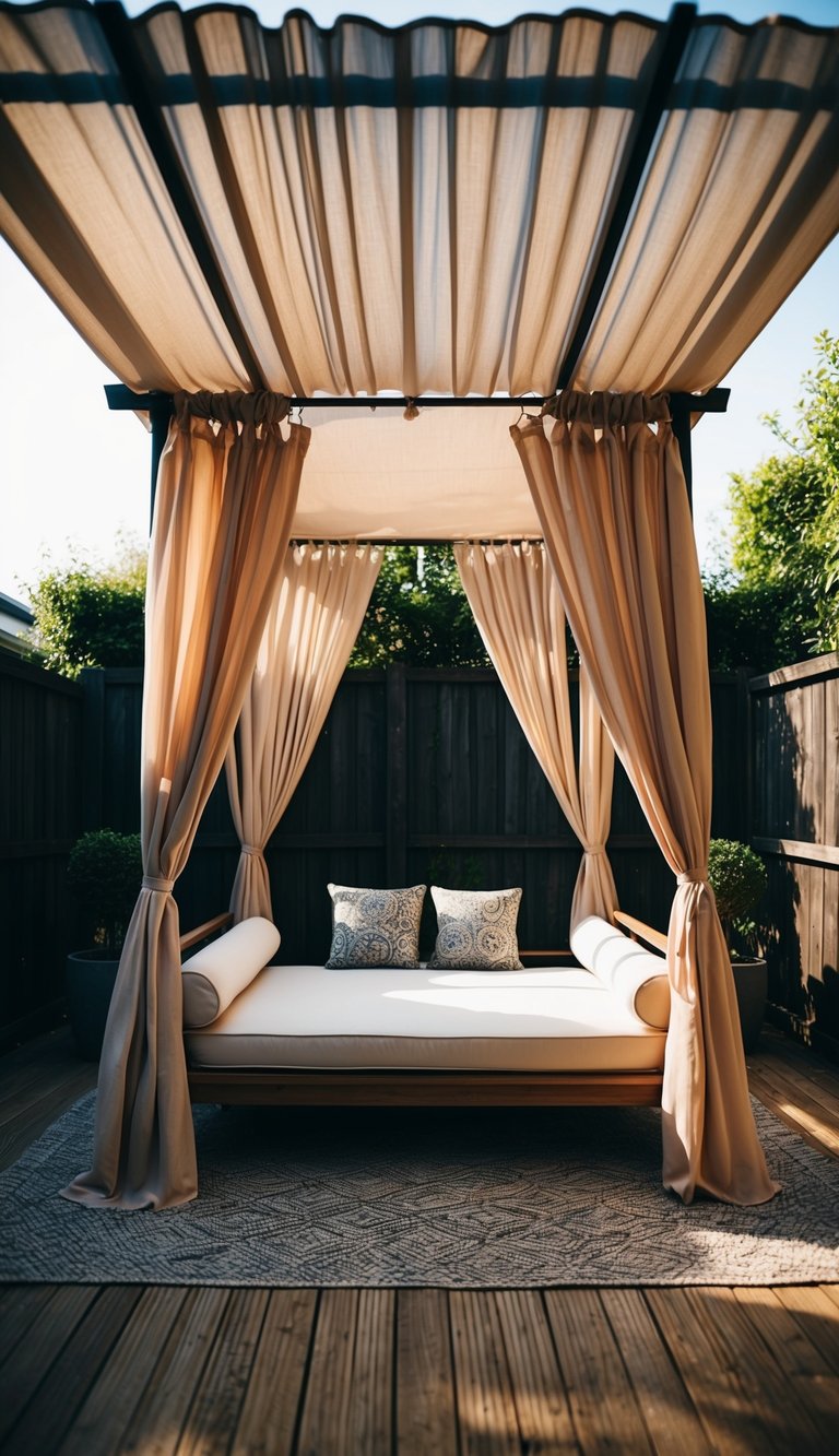 A daybed sits beneath a canopy of flowing curtains in a cozy backyard, providing a shaded and tranquil spot for relaxation