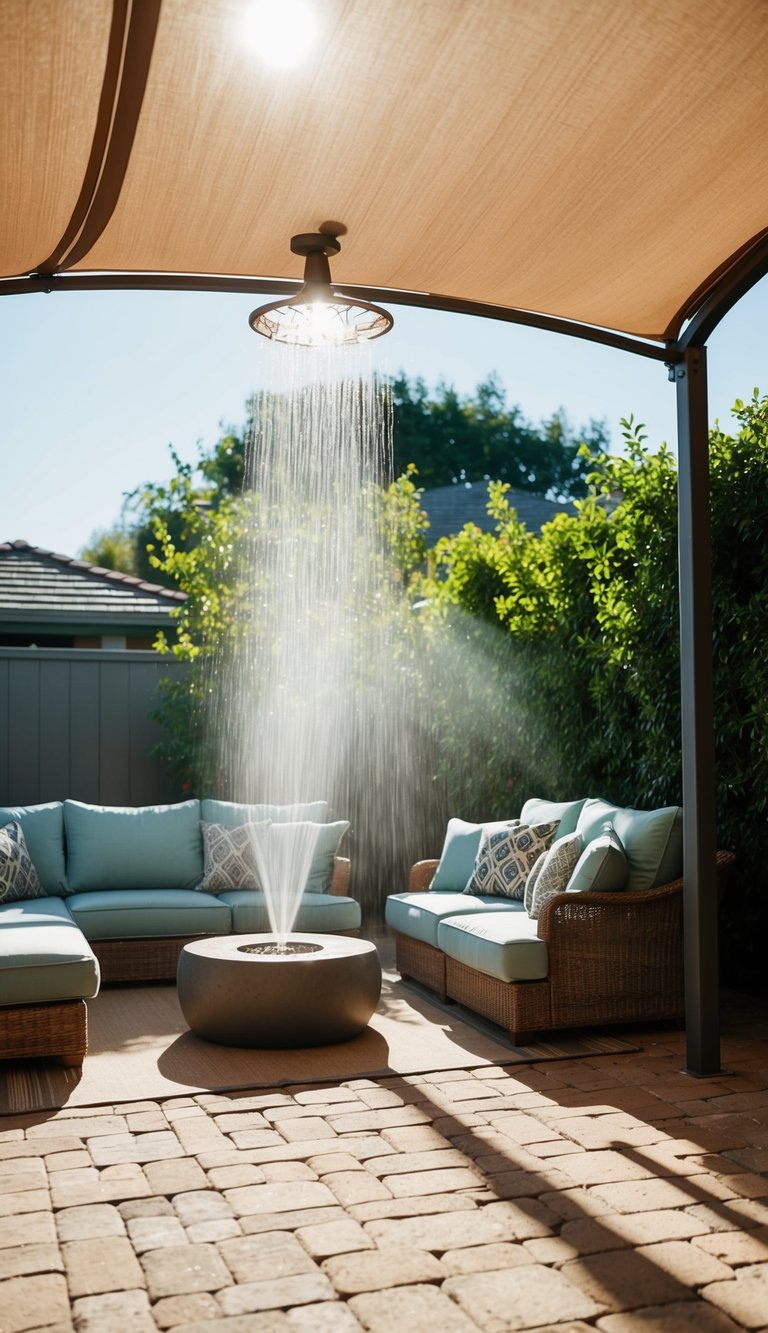 A cozy backyard with an overhead misting system and shade structure