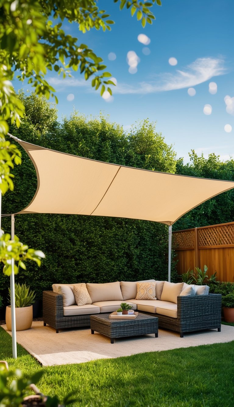 A cozy backyard shade tent with flexible design, surrounded by lush greenery and comfortable seating