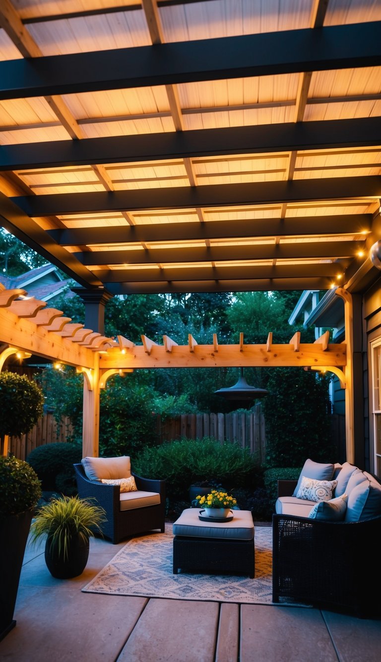 A pergola with built-in lighting casting a warm glow over a cozy backyard seating area