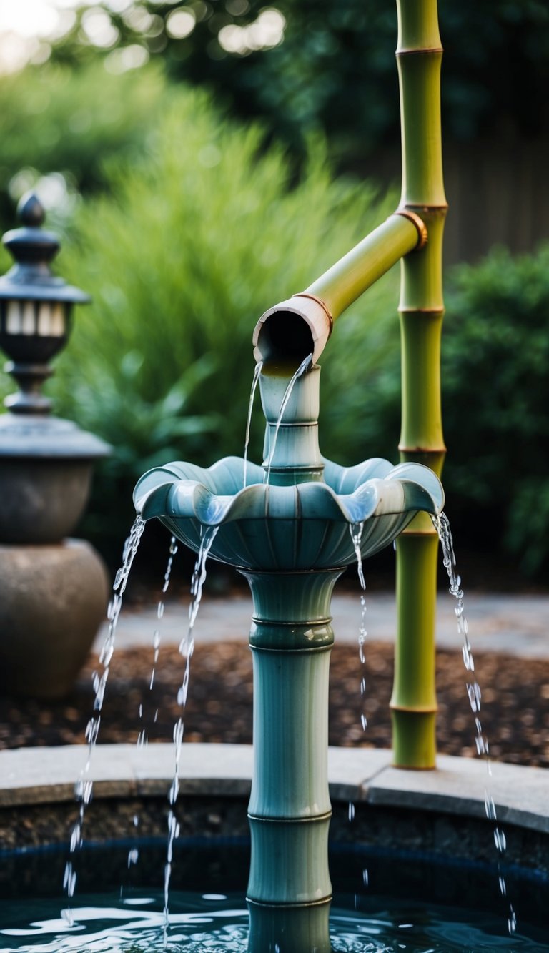 A tranquil Japanese bamboo spout fountain in a peaceful backyard garden