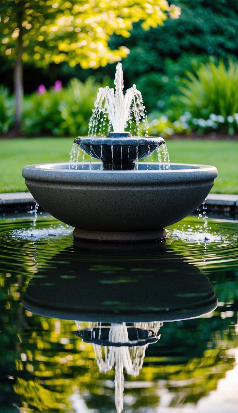 A stone basin fountain reflects a tranquil backyard setting with lush greenery and a sense of serenity