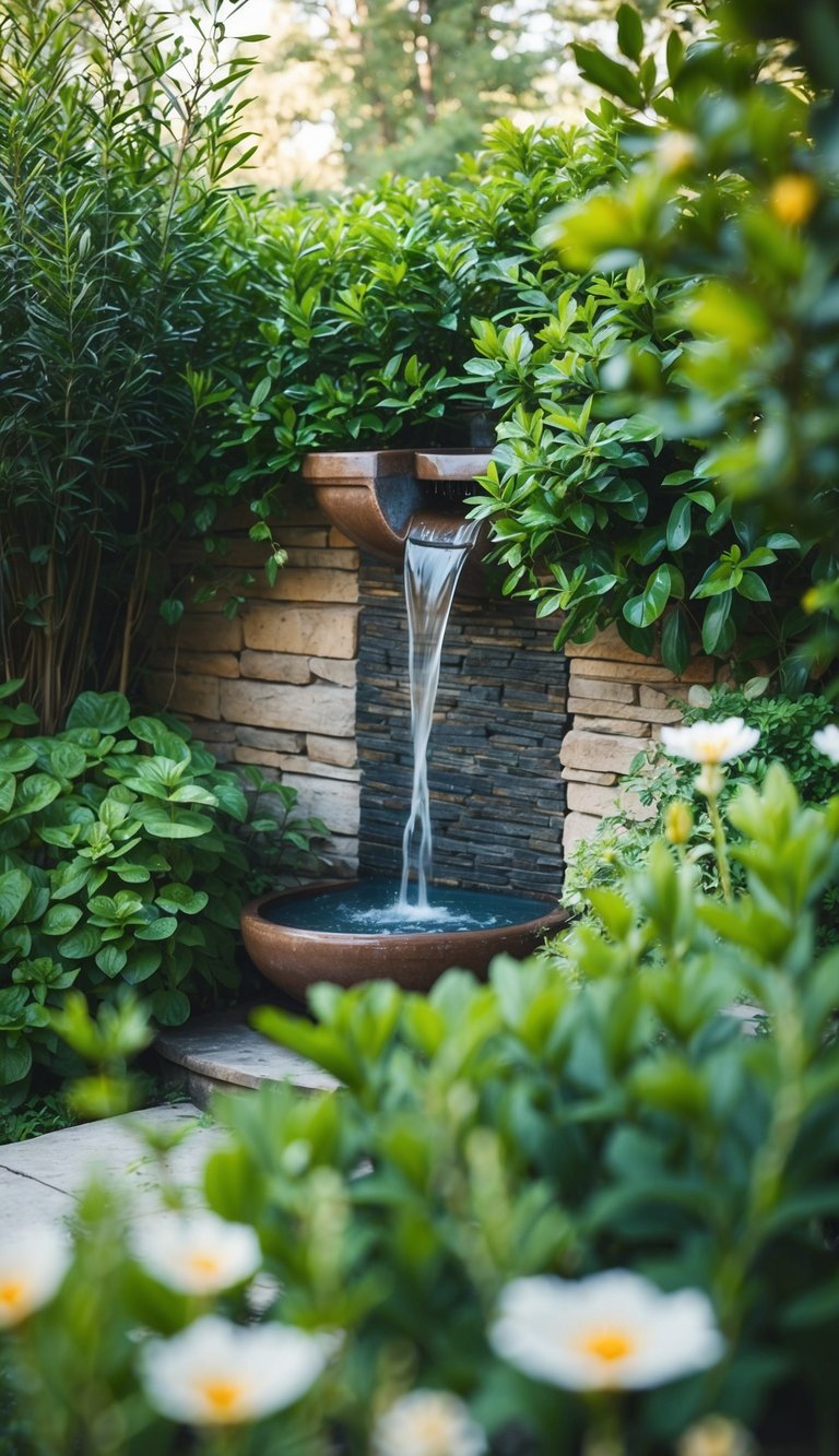 A trickling wall fountain nestled among lush greenery in a serene backyard
