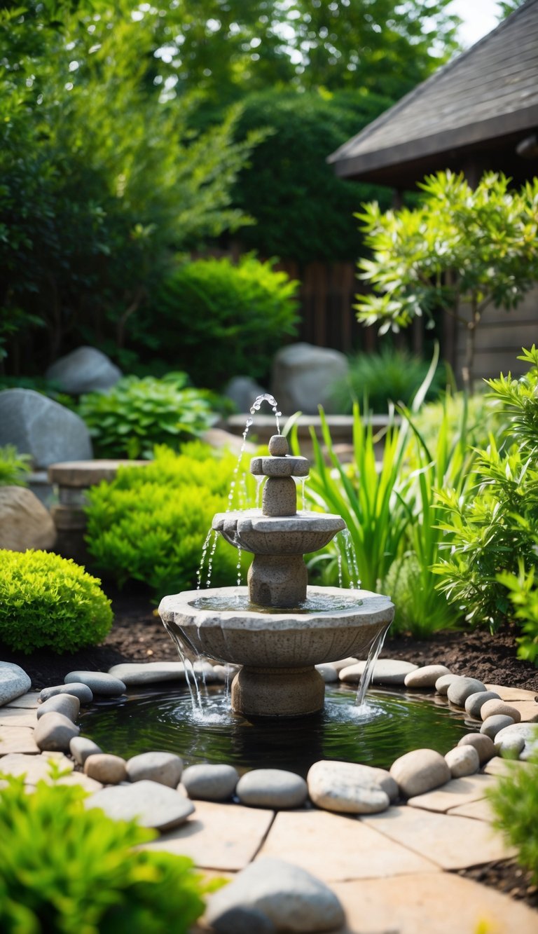 A serene backyard zen garden with a natural stone fountain as the focal point, surrounded by lush greenery and carefully placed rocks for a tranquil atmosphere